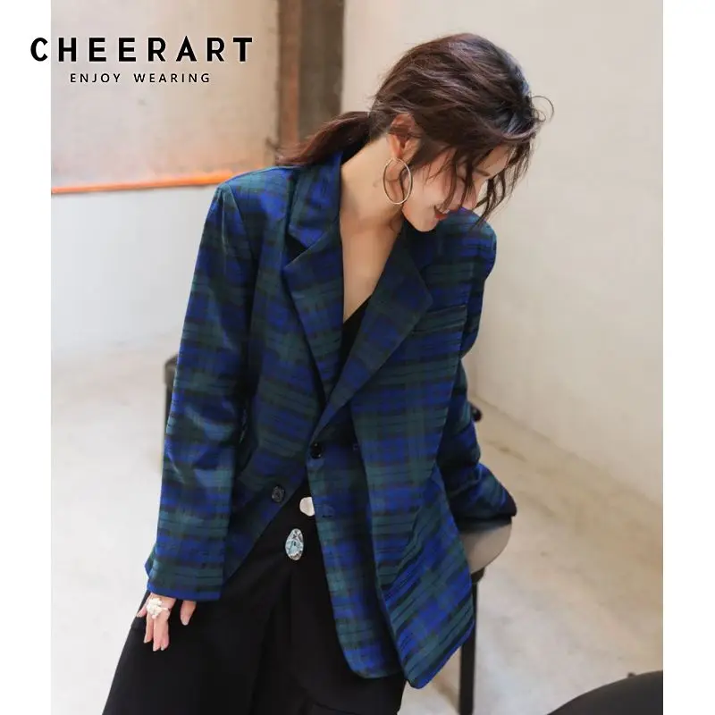 Cheerart осень 2019 Женские клетчатые блейзеры и куртки зеленый синий Повседневный