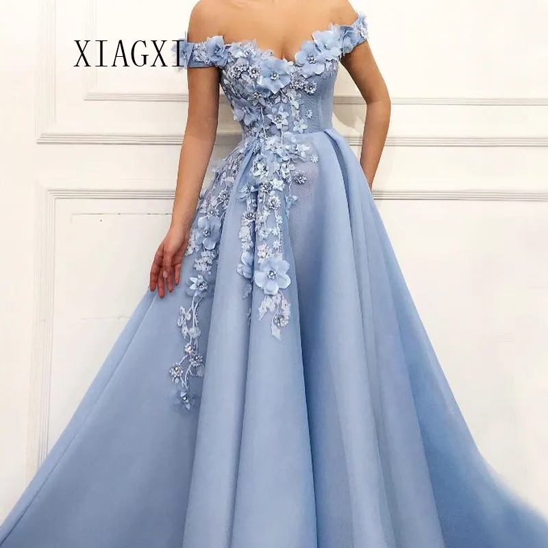 Vestidos небесно-голубое вечернее платье трапециевидной формы с открытыми плечами 3D цветок Длинные вечерние платья с аппликациями Длинные платья для выпускного вечера