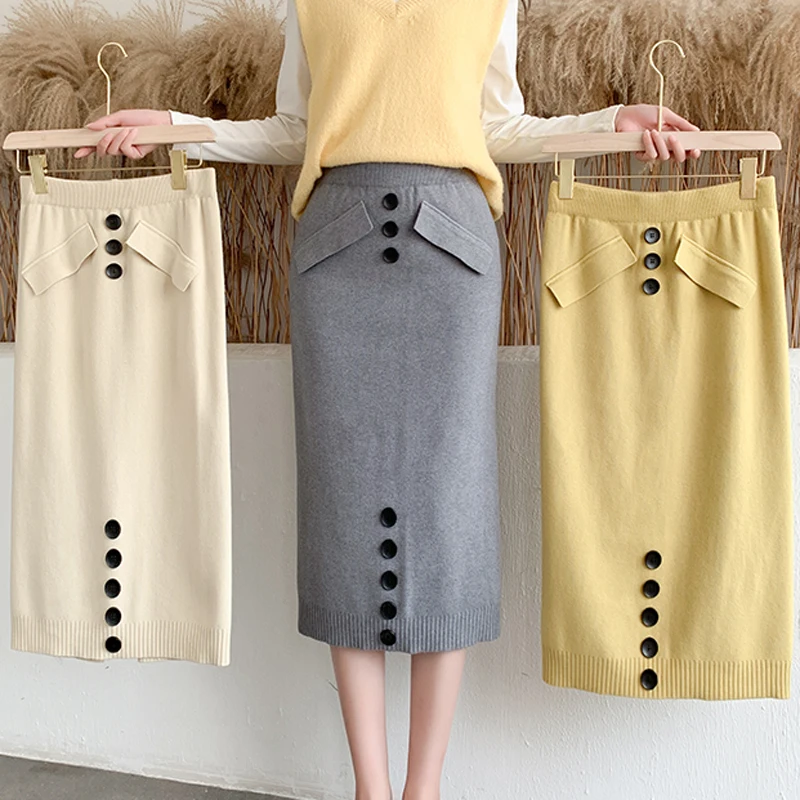 

2020 Autumn Winter Button Women Skirt Elegant Elastic High Waist knitted Pencil Skirts Casual Female Slim Midi Skirt Falda Mujer