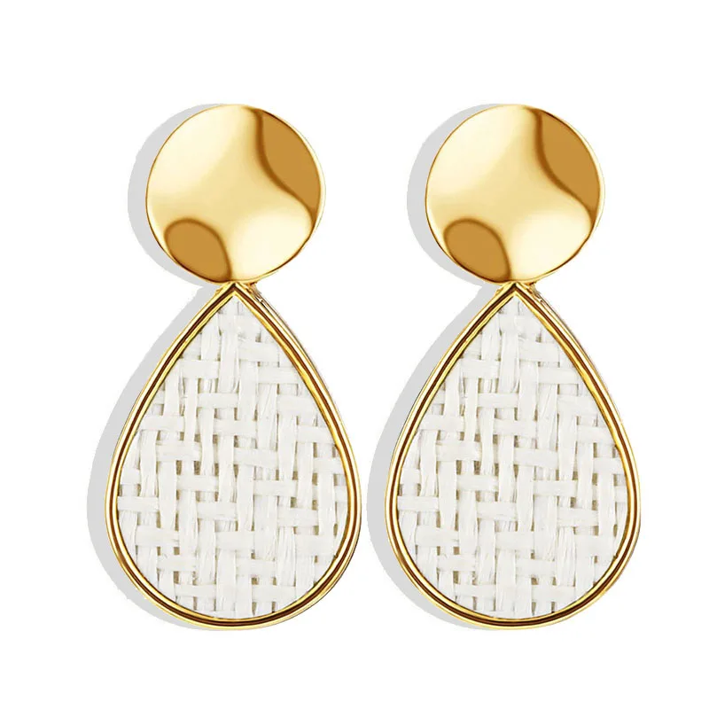 

Geometric Water Droplets Braided Earrings Women Vintage Handmade Wooden Straw Weave Ratta Bohemia Round Dangle Earrings Jewelry