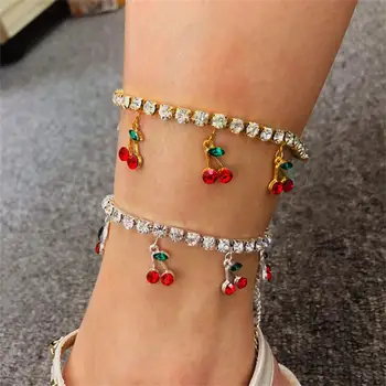 

Sexy Rhinestone Jewelry Cute Cuban Link Anklet for Women Hip Hop Cherry Pendant Anklet Bracelet Tennis Chain Summer Beach Gift