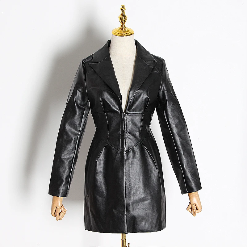 CHICEVER, винтажные Куртки из искусственной кожи для женщин, v-образный вырез, длинный рукав, высокая талия, с рюшами, Осенние тонкие пальто для женщин, мода, новинка