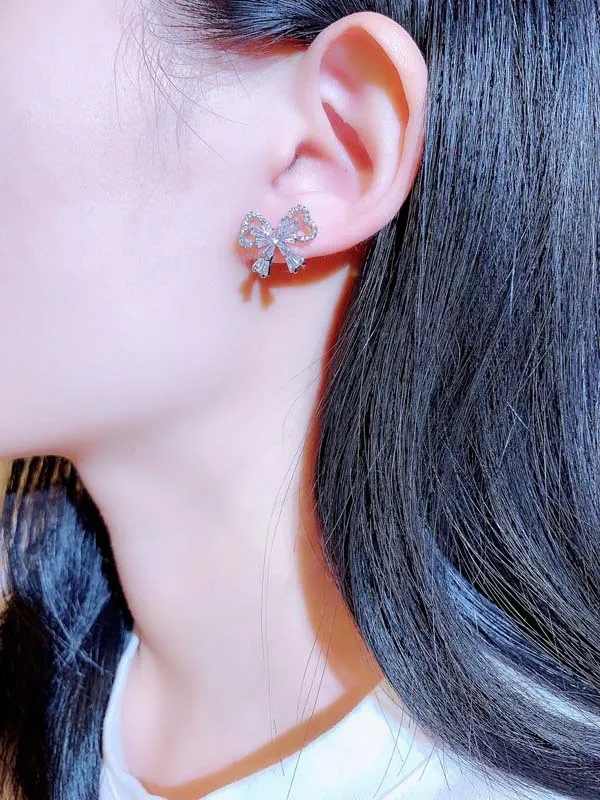 

S925 Sterling Silver Diamonds Bowknot Earring Women Fine Jewelry Round Engagement 925 Silver Earrings Christmas Anniversary Gift