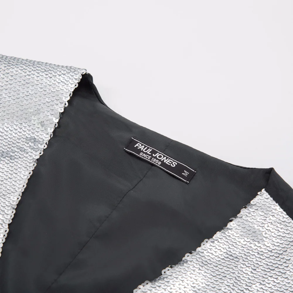 Men Sparkling Sequins Vest Coat Waistcoat Black/Silver slim V-Neck Handkerchief Stylish Single brea