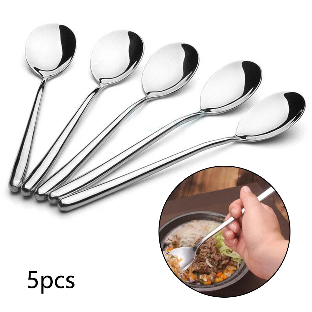

5pcs Silver Dinnerware Korean Spoon Stainless Steel Spoon For Household Kitchen For Rice soup cereal chili desserts Kitchenware