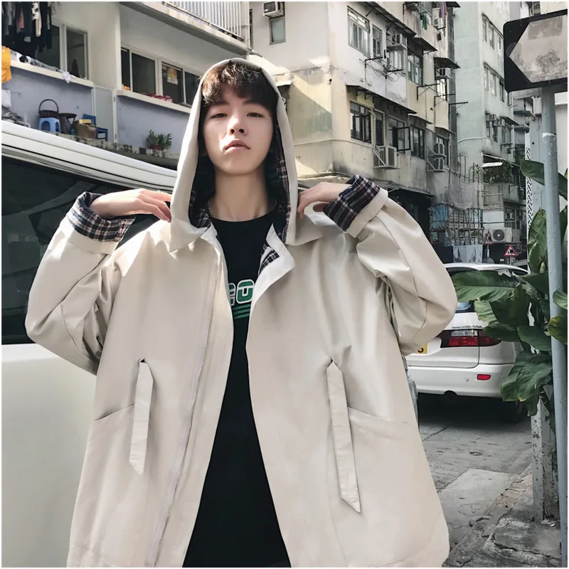 

Autumn New Tooling Jacket Men Fashion Lattice Stitching Casual Hooded Jacket Man Streetwear Wild Hip Hop Loose Bomber Jacket