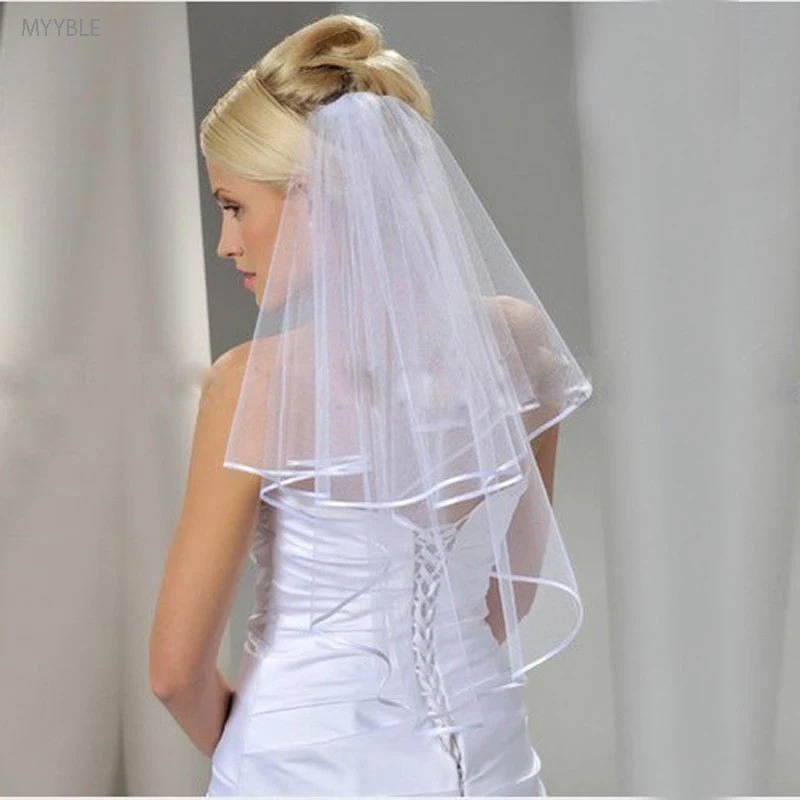 MYYBLE 2023 Nuevos velos de boda cortos sencillos y elegantes blancos/Marfil de dos capas de borde de cinta velos de novia