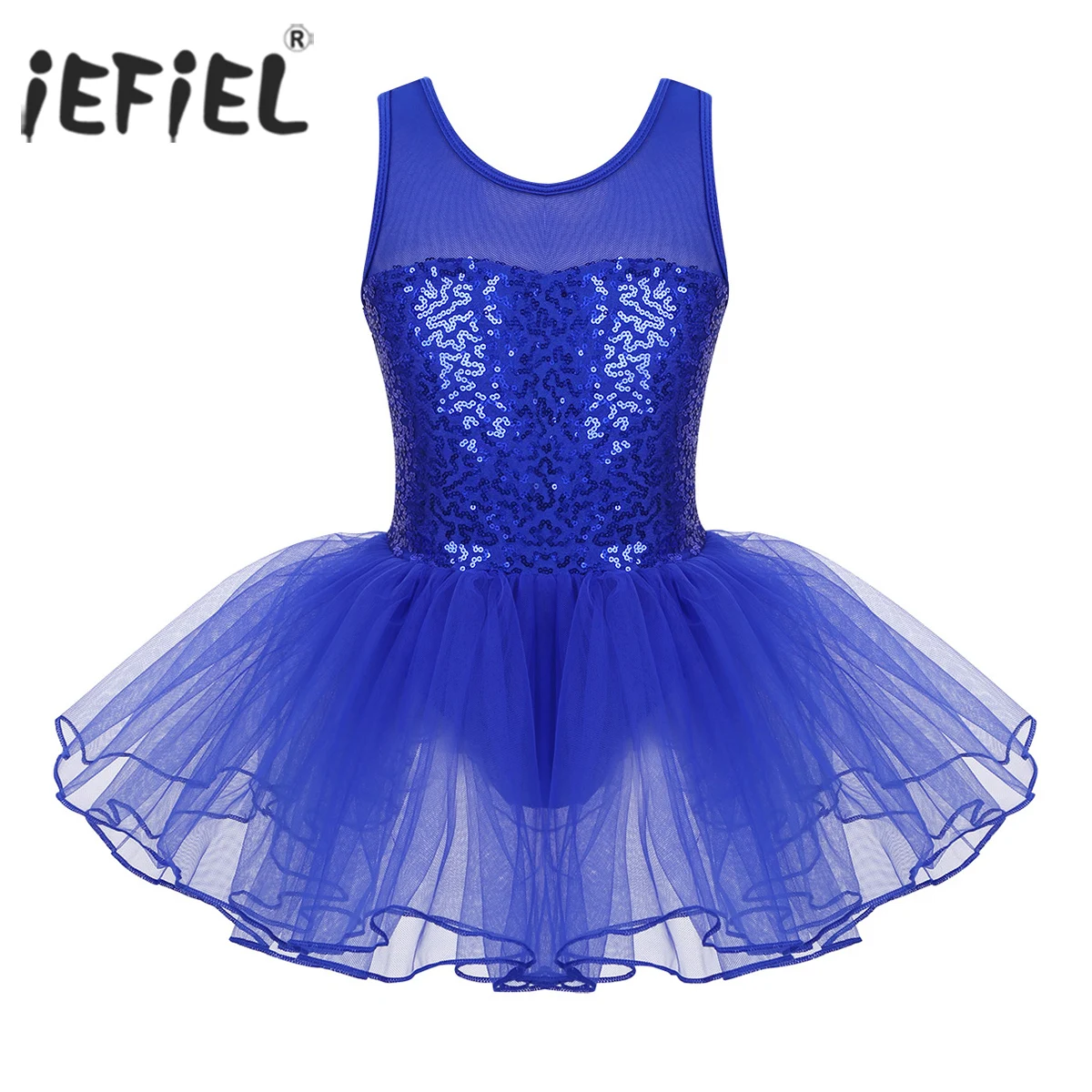 iEFIEL Kids Girls Dancewear Ballerina Performance Mesh Splice Sequins Ballet Dress Costumes Gymnastics Leotard Dance Tutu Dress