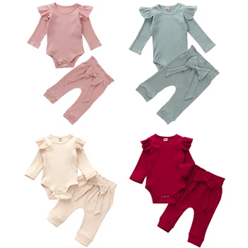 

Cute Newborn Baby Girl Solid Color Long Sleeve Cotton Bodysuit Tops Bow Long Pant 2PCS Autumn Clothing Set