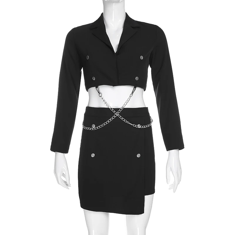 Darlingaga Модный Элегантный комплект из двух предметов, Осенний блейзер с металлической цепочкой, пальто и асимметричная юбка, одинаковые комплекты, женский костюм, куртка - Цвет: Set