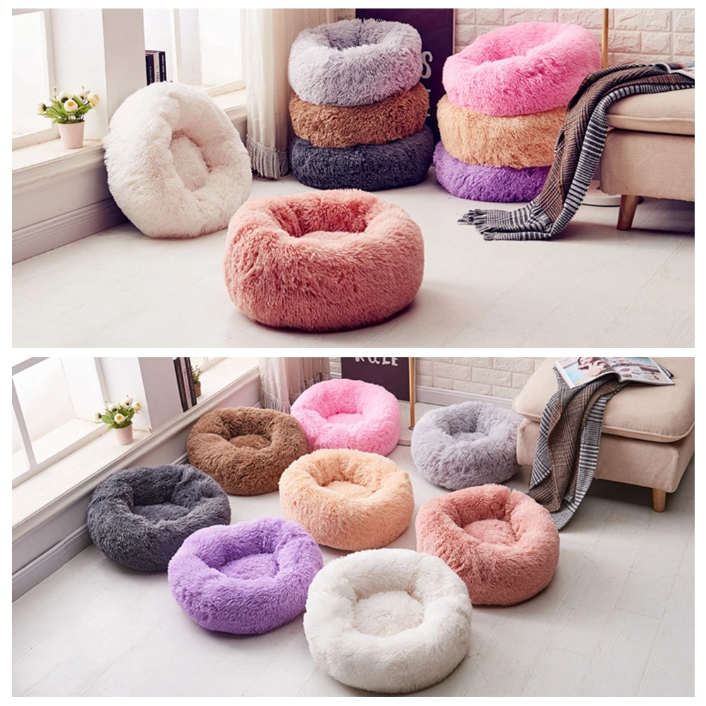 Fleece Cat Beds Round Pet Bed For Cats Dog Plush Bed House For Cat Kitten Marshmallow Cat Bed Mat Cushion Kennel Pet Supplies