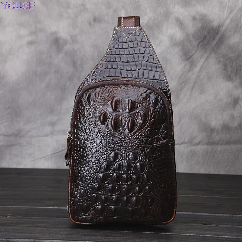 

Genuine Leather Chest Pack Crocodile Head Crocodile Pattern Cowhide Men Chest Pack Sports Outdoor Casual Men's Bag