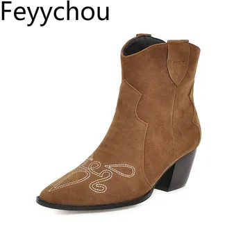 

Women's Boots Autumn Winter High Heel Slip on Ankle Pointed Toe Flock Plush Embroider 2019 New Sexy Fashion Brown Big Size 34-48