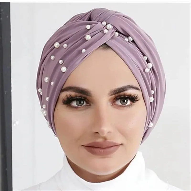 

2020 Elastic Turban Caps WIth Pearls For Women Muslim Velvet Twist Hijab Cap Islamic Headscarf Bonnet Indian Hat Turbante Mujer