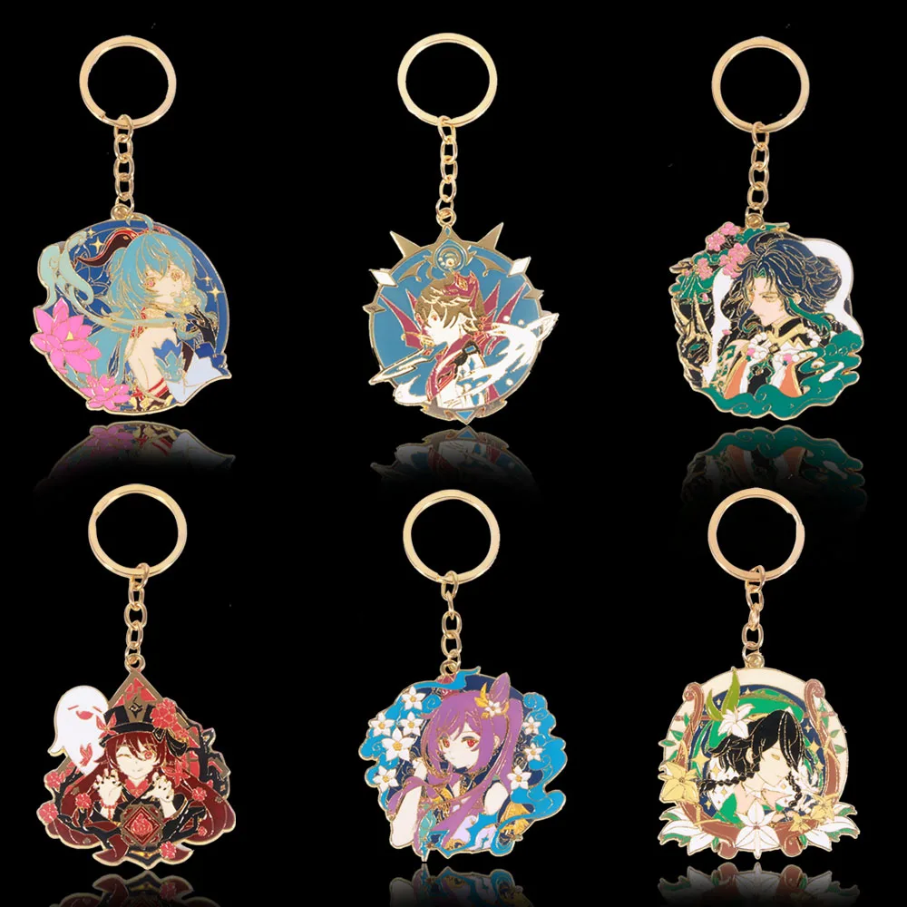 Hot Game Keychain Genshin Impact Cartoon Kaedehara Kazuha Zhongli HuTao Metal Enamel Badge Keychain for Backpack Decoration