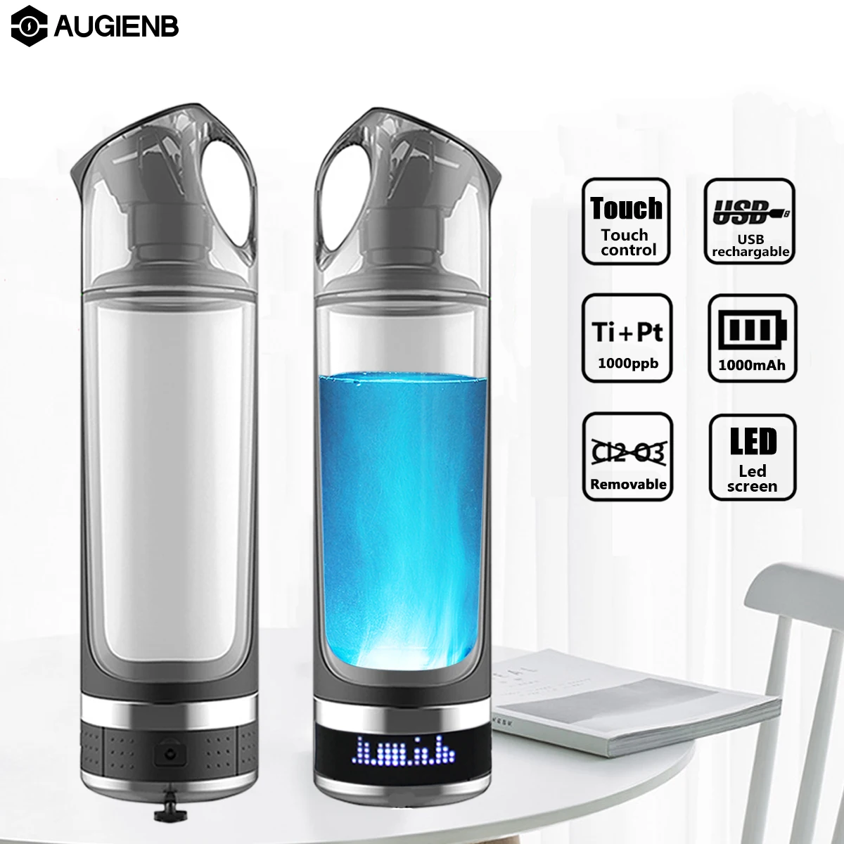  AUGIENB 500ml Hydrogen Rich Alkaline Water Bottle lonizer Generator LED RGB Portable Cup USB Rechar