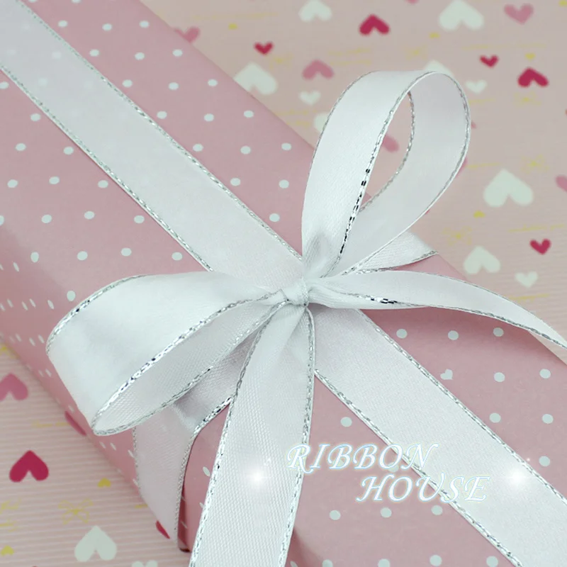 Satin Ribbon 25 Yards/roll White Silver Edge for Home Decoration DIY Christmas