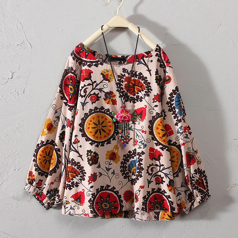 2019 новые женские Топы Рубашки винтажные Boho Цветочные с длинным рукавом круглым