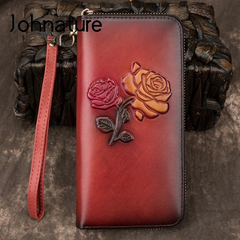 Johnature, винтажный кошелек, держатель для карт, новинка, Цветочный, натуральная кожа, для досуга, женский кошелек, кошельки и кошельки, кошелек для телефона