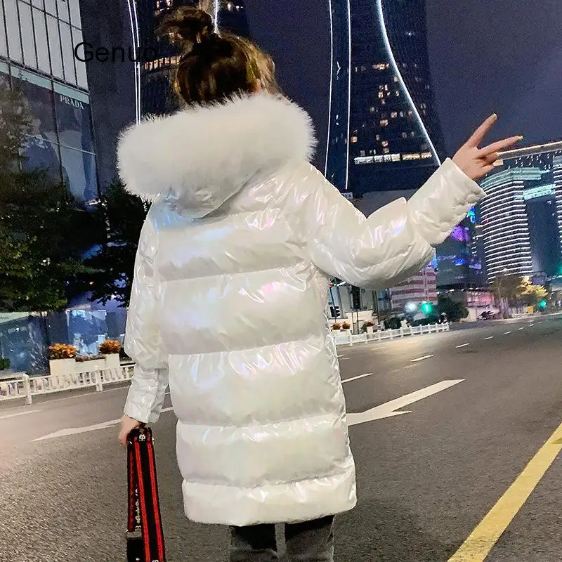 Bright White Winter Jacket Women New Hooded Fur Collar Long Winter Parkas Thicken Cotton Padded Coats Casual Women Jacket
