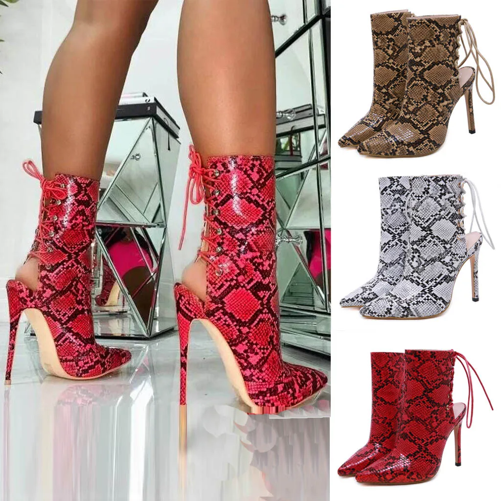 

Women Snake Print Shoes Pumps Toe Pointed-Toe High Heel Rear Lace-Up Booties Snakes sexy back straps high heel sandals