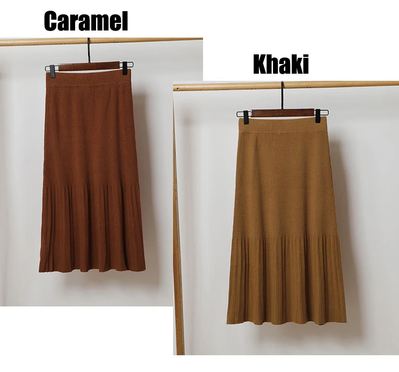 9 Colors Women's Skirts Autumn Winter Solid Elastic Waist Knitted Skirt Elegant Pleated Ruffles A-line Skirt Female Maxi Skirts