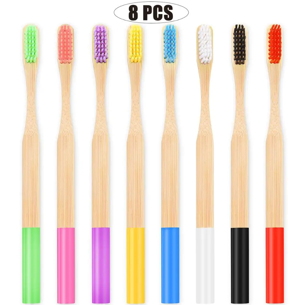 

8 Natural Adult Bamboo Toothbrushes Soft Toothbrushes with Colored Wooden Handles, Oral Care, Environmentally Friendly, BPA Free