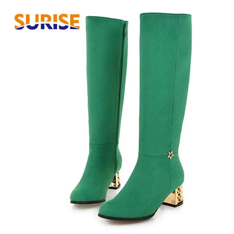 Baratos Botas hasta la rodilla para mujer de invierno negro púrpura bandada verde cuadrado Bloque Dorado tacones Casual Oficina señoras estrella cremallera de peluche largo botas