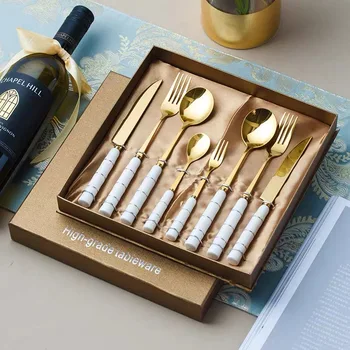 

White Gold Cutlery Set Stainless Steel Dinnerware Set Ceramic Handle Tableware Dinner Spoon Fork Knife Chopsticks Dropshipping