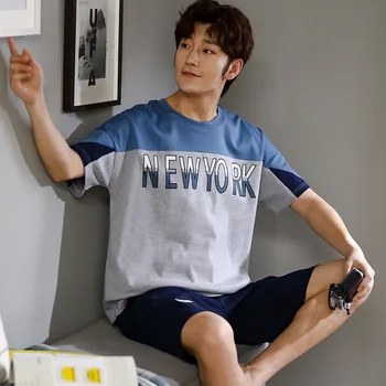 

Two men's suits warm and comfortable home service summer pure 100% cotton O-neck T-shirt short sleeve simple casual pajamas