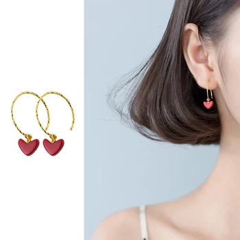 

Mocanie Red Enamel Lovely Heart Dangle Earring for Women Fashion 925 Sterling Silver Gold Color Hook Earring Fine Jewelry Bijoux