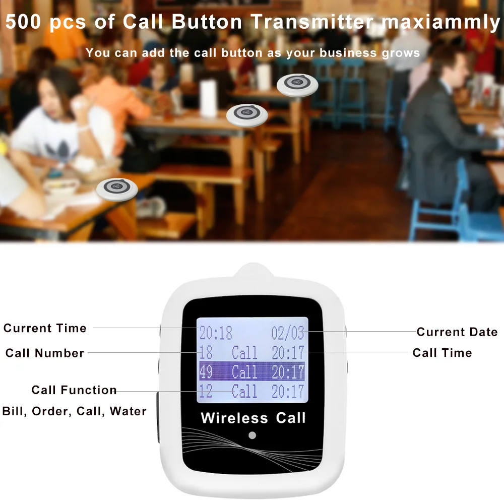 JINGLE BELLS Wireless Restaurant Guest Calling System 5 Buttons 1 Belt Watch Receiver Pager for Hospital, Bar, Cafe, Salon