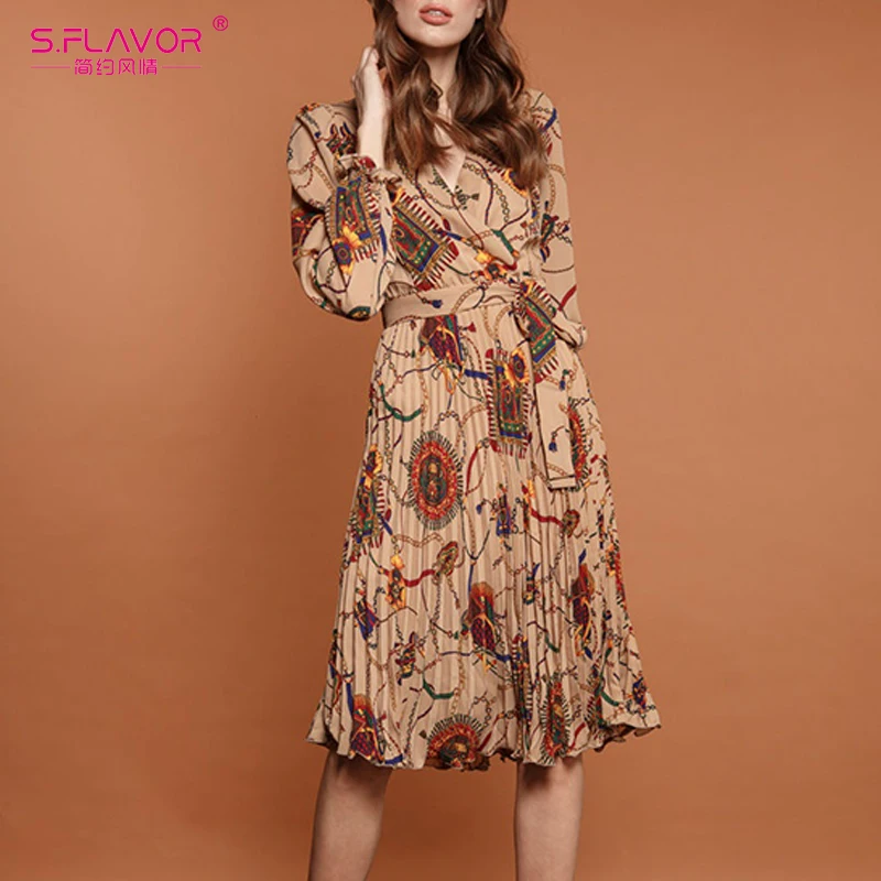 S. FLAVOR, весеннее винтажное платье с v-образным вырезом, модное плиссированное платье миди с длинным рукавом, Ретро стиль, цветочный узор, вечерние платья
