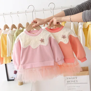 

Spring 2020 Baby Girls Long Sleeve O Neck Lace Floral Patchwork Mesh Tutu Cute Dress Infant Kids Party Dresses vestido infantil