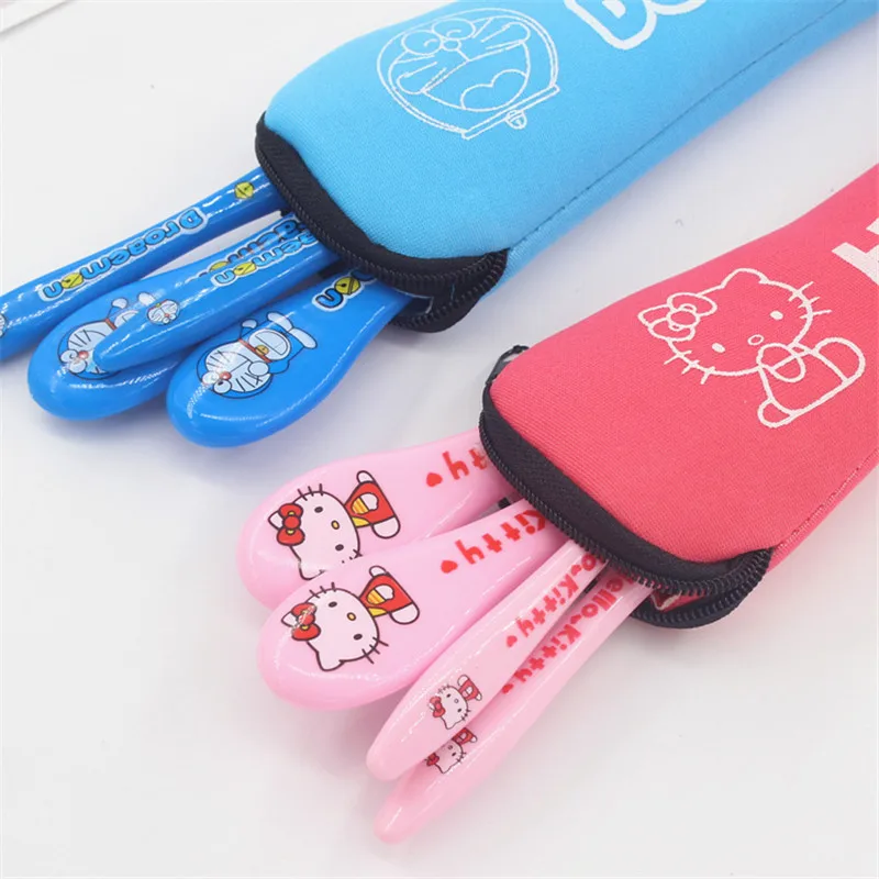 3PCS/Set Kawaii Cute Cat Stainless Steel Dinnerware Kitchen Supplies Chopsticks Utensil Flatware Spoon Fork For Kids Children