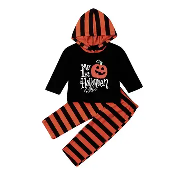 

Toddler Baby Girls Long Sleeve Hooded Pumpkin Hoodies + Striped Pants Halloween Party Kids Clothing Sets Casual 2Pcs Suits