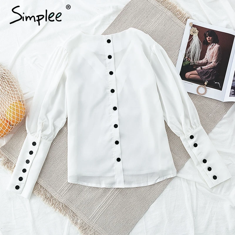 Simplee V neck women blouse shirt Puff sleeve button white blouse Autumn winter lady shirt top Fema
