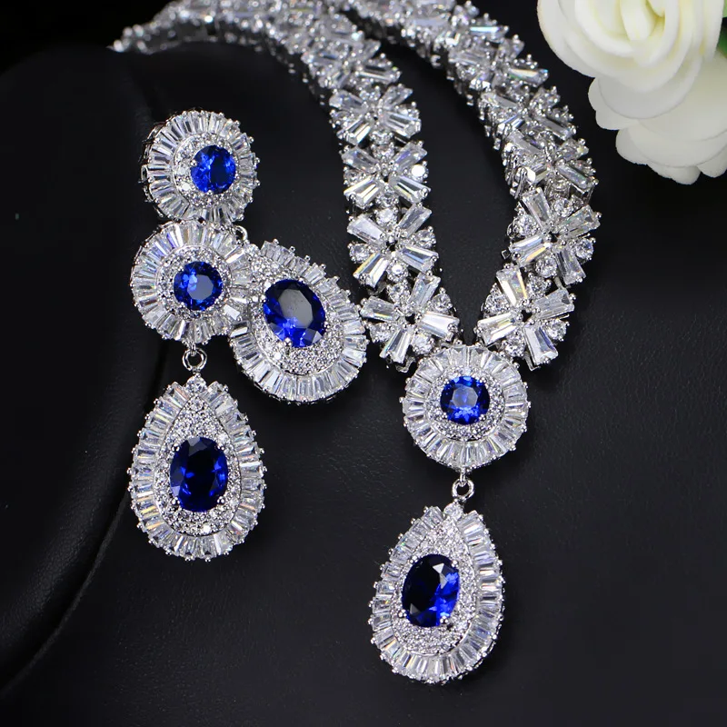 ThreeGraces Luxurious Blue Cubic Zirconia Stone Silver Color Large