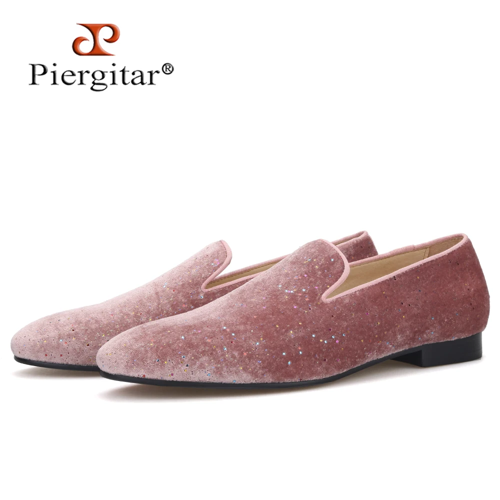 

Piergitar handmade rhinestone pink color velvet men's loafers for prom and party plus size men smoking slippers leather insole