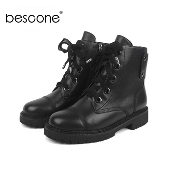 

BESCONE Ladies Mid-Calf Boots Winter Genuine Leather Handmade Solid Lace-Up Shoes Winter Round Toe Square Heel Women Boots BC437