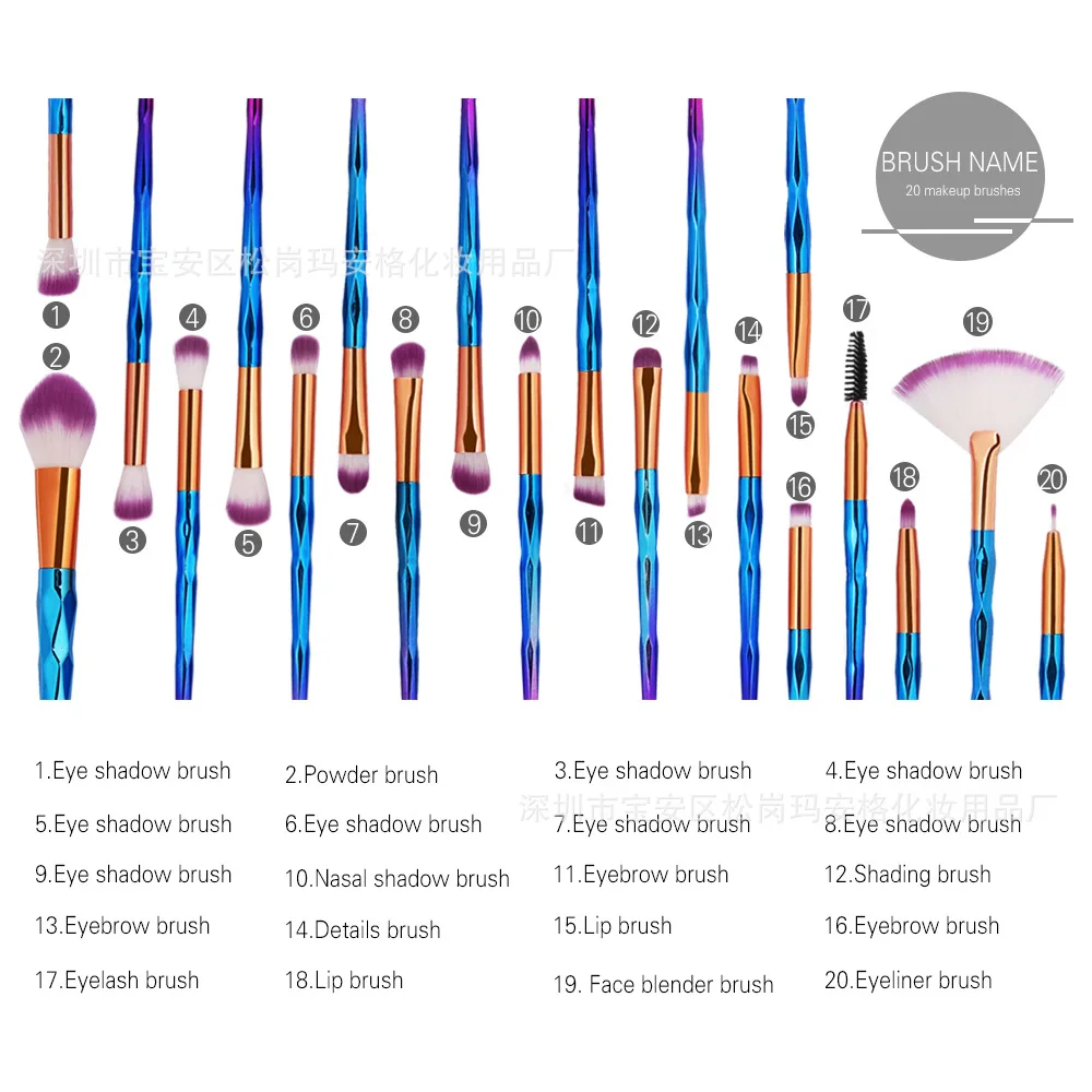 20 шт. набор алмазных кистей для макияжа, пудра, Тональная основа, румяна для растушевки тени для глаз, губ, косметика, красота, Кисть для макияжа, набор инструментов