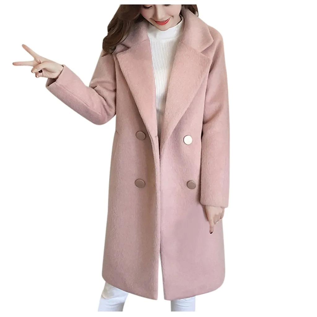 Women Wool Coats Vintage Winter Solid Color Work Office Blends Coats Long Sleeve Button Woolen Jacket Coat Ladies Oversize Coats - Цвет: Pink