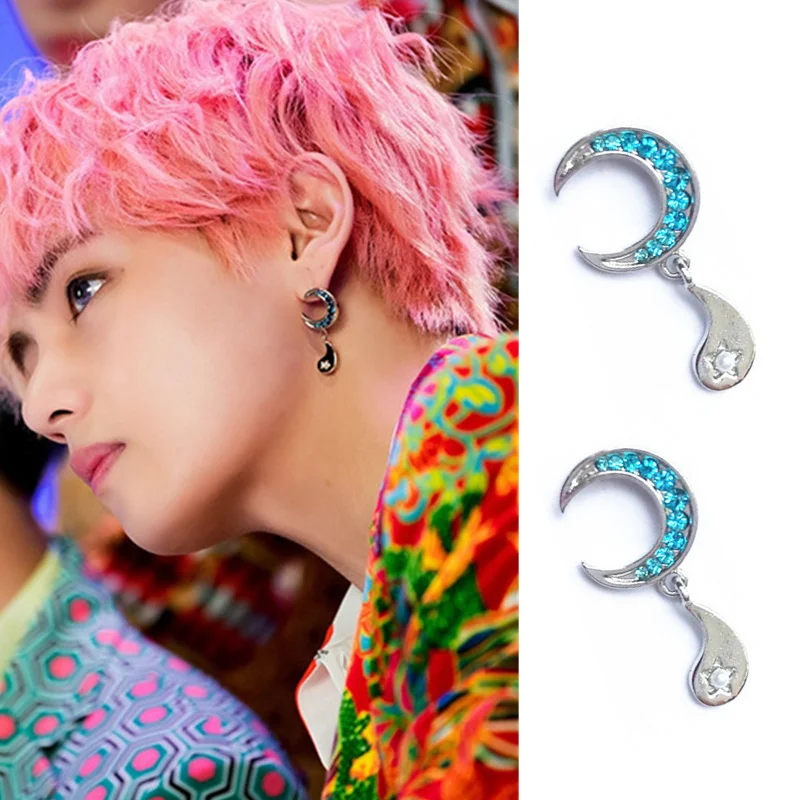 K-POP Bangtan Boys Kim Tae Hyung V корейские серьги-шпильки Звезда Луна Серьги для мальчиков