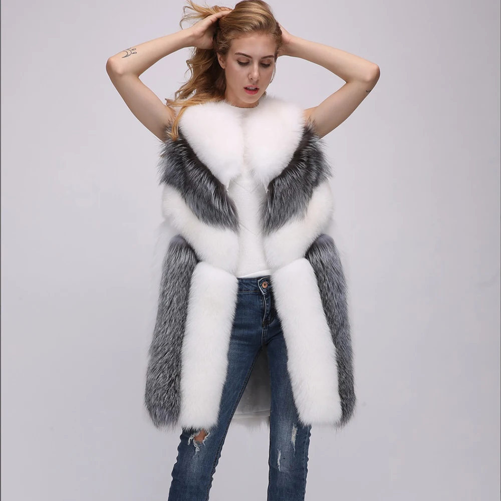 

HJQJLJLS 2021 New Fashion Patchwork Fur Vest Winter Women Thick Warm Long Faux Fox Coat Female Sleeveless Fur Jacket Overcoat