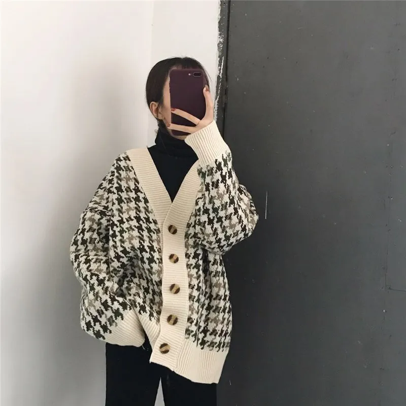 New Autumn Winter Lattice Knitted Long Cardigans Loose Casual Preppy Style Thick Sweaters Jumpers Women Knitting Jackets