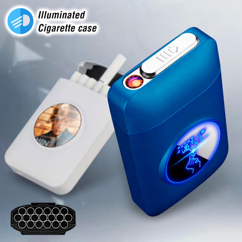 

Metal Capacity Cigarette case recharged with USB Electric Lighter LED Logo Design Cigarette 19PCS Cigarette Holder Men Gifts