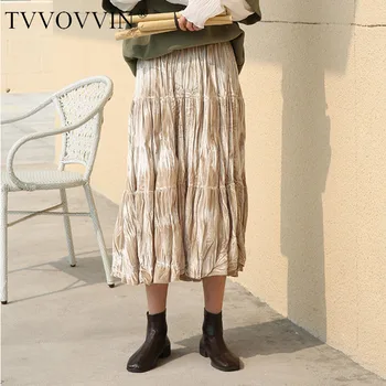 

TVVOVVIN2020 New Spring Summer High Waist Elegant Pleated Skirt Women Streetwear A-line Mid-length Velvet Bottom Tide PD977