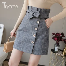 Trytree осень зима Женская Повседневная имперская юбка в клетку 2 цвета юбка-бутон Модная элегантная мини-юбка на пуговицах с поясом для офисных леди