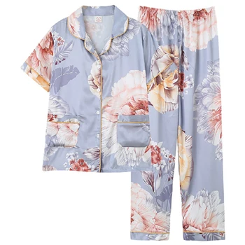 

New lapel 2 Piece Women Sleepwear Faux Silk Satin Pajamas Set short Sleeve Sleepwear Pajamas Suit Female Home Printed pajamas