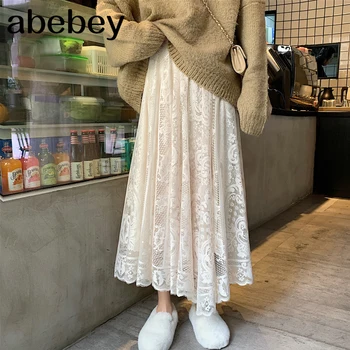 

Elastic High Waist Lace Skirts Womens Spring Autumn 2020 New Korean Elegant Casual A-line Black Long Skirt Female